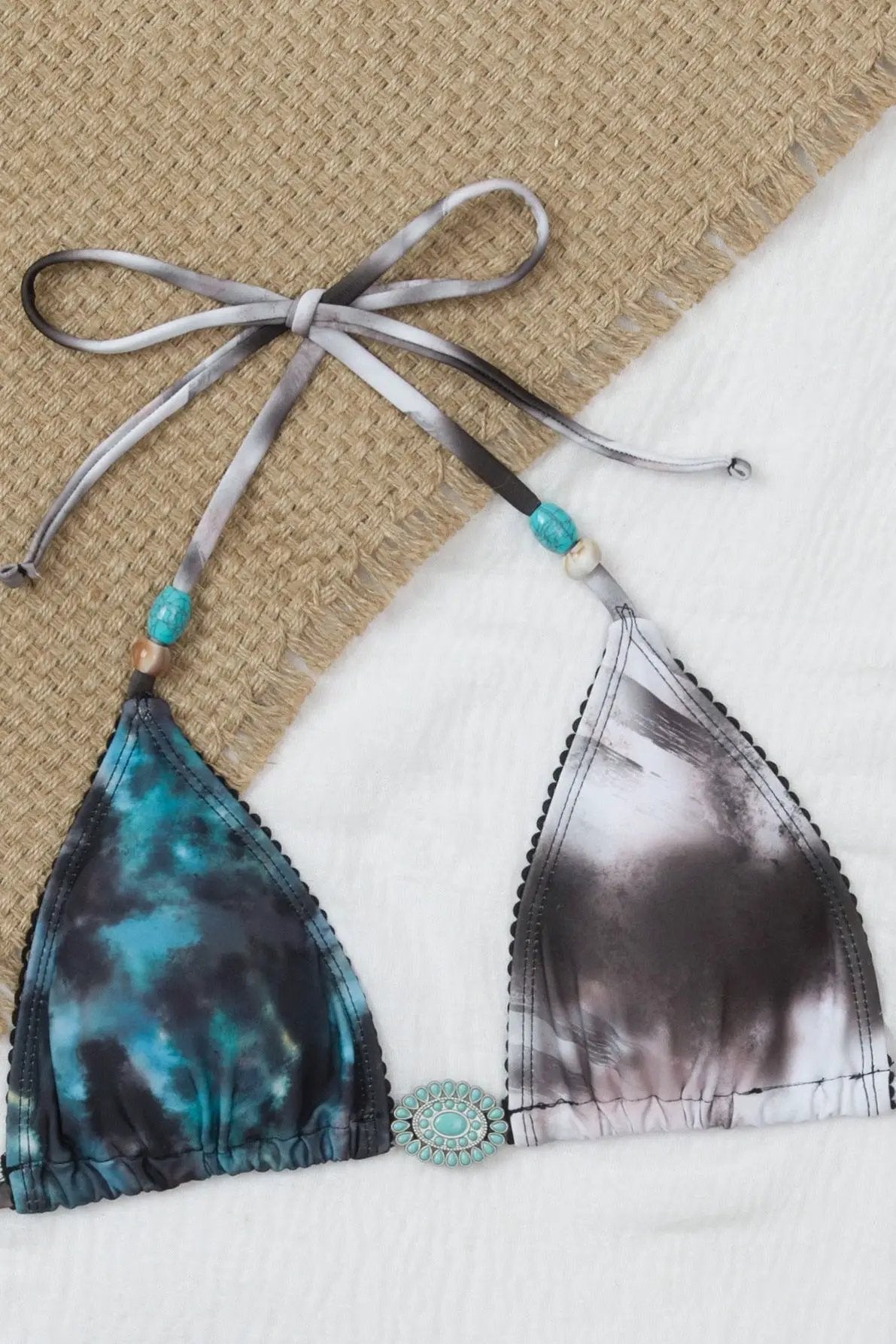 Blue Grey Tie Dye Turquoise Medallion Beads Bikini Sexy 2Pc Swimsuit Set