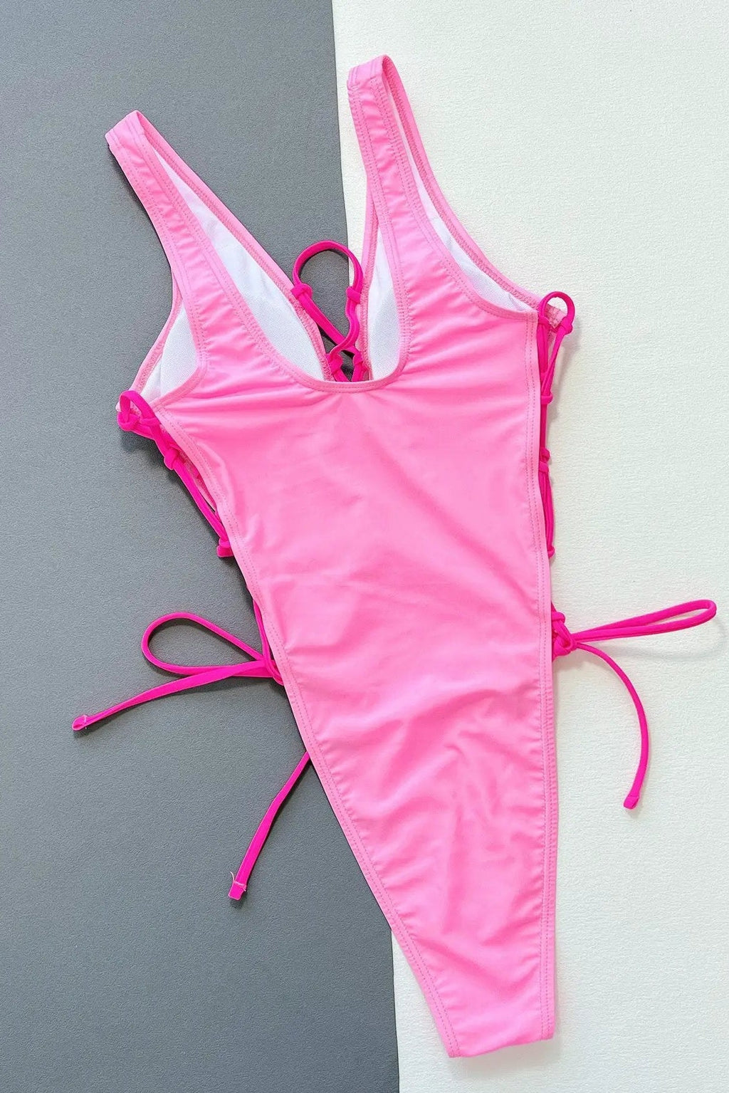 Pink Neon Pink Lace-Up Plunging-V High Cut Sexy Monokini 1Pc Swimsuit