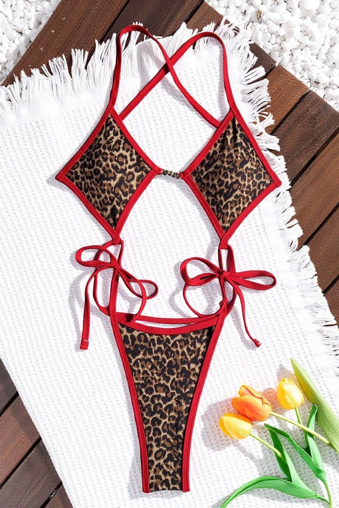 Leopard Print Red Piping Strappy Thong Sexy 1Pc Swimsuit Monokini