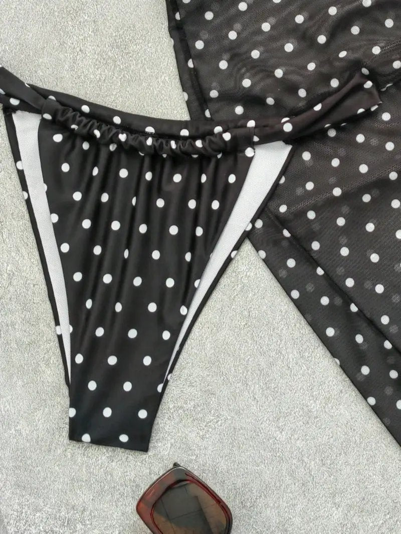 Black White Dot Gold Sea Shell Bandeau Cheeky Cover-Up Sexy 3Pc Swimsuit Set