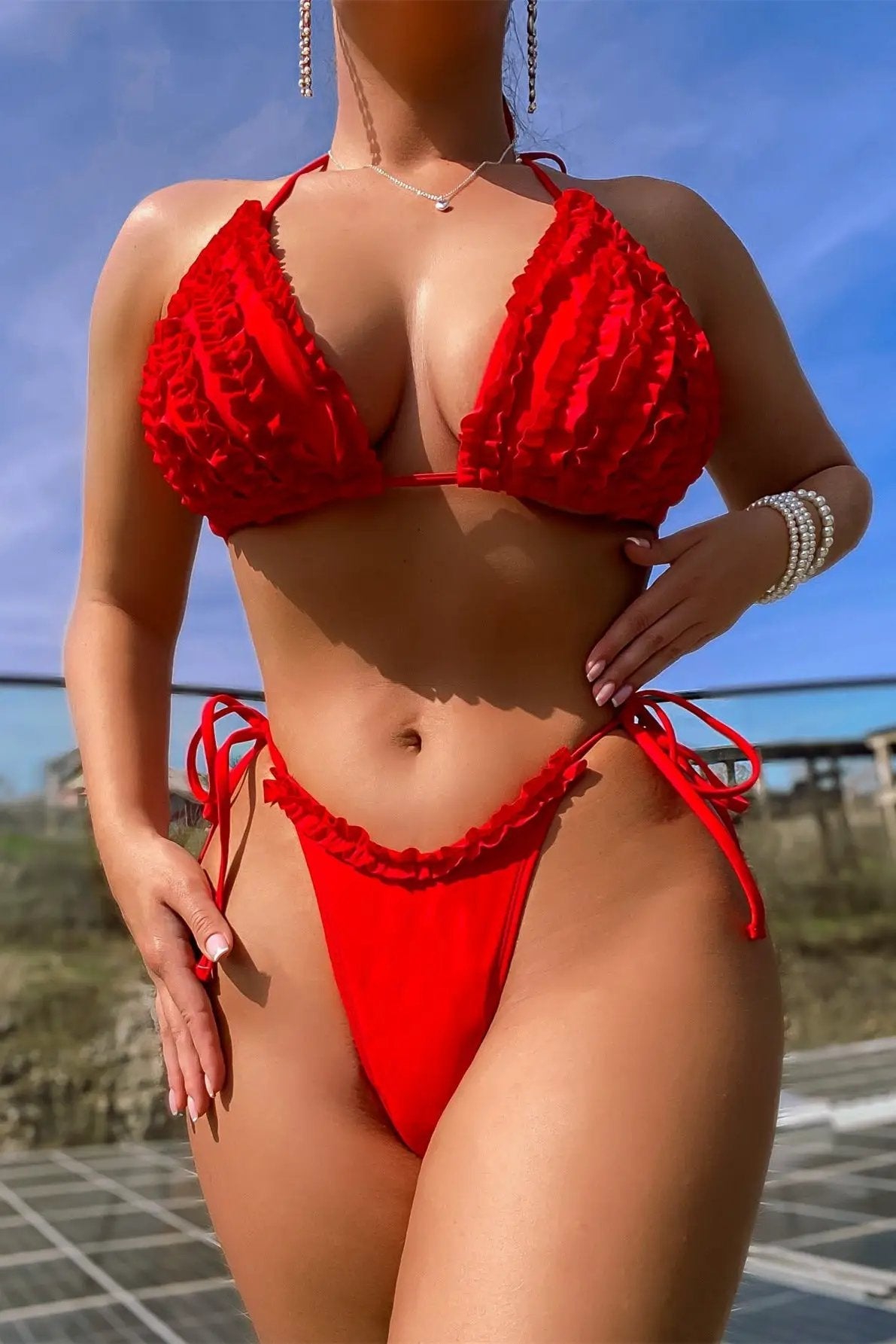 Red Ruffle Removable Pad Cheeky Sexy 2Pc Swimsuit Set Bikini
