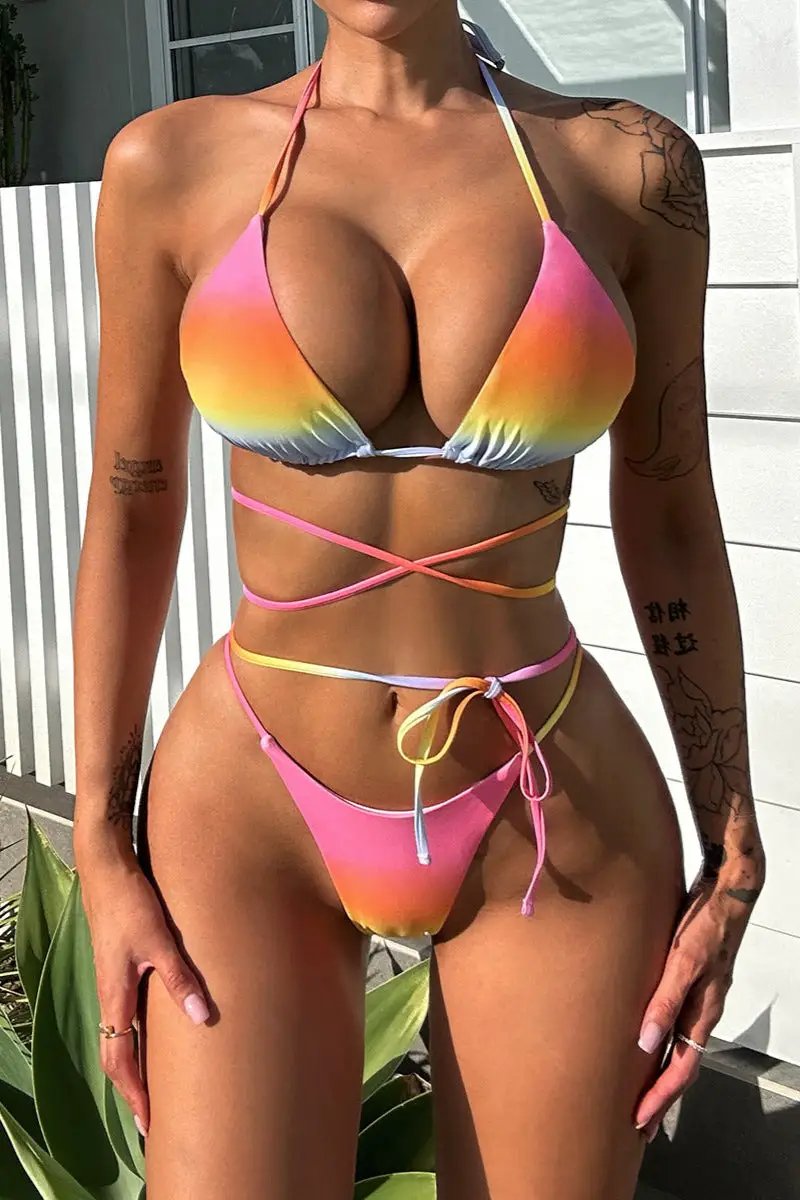 Rainbow Tie Dye Triangle Strappy Cheeky Sexy 2Pc Swimsuit Set Bikini