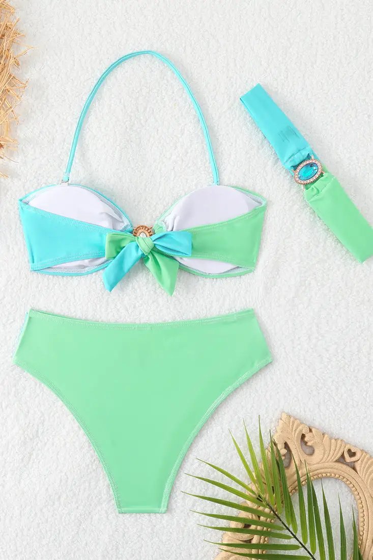 Green Blue Gemstone Rhinestone Headband/Belt 3Pc Sexy Swimsuit Set