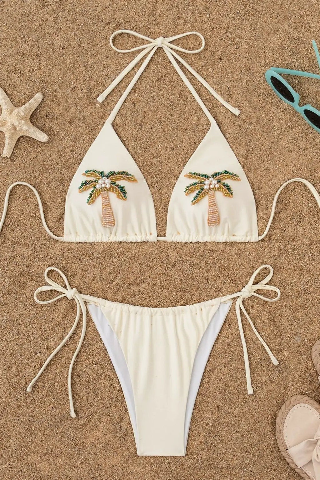 Off White Pearl Beaded Palm Trees Triangle Cheeky Sexy 2Pc Swim Set