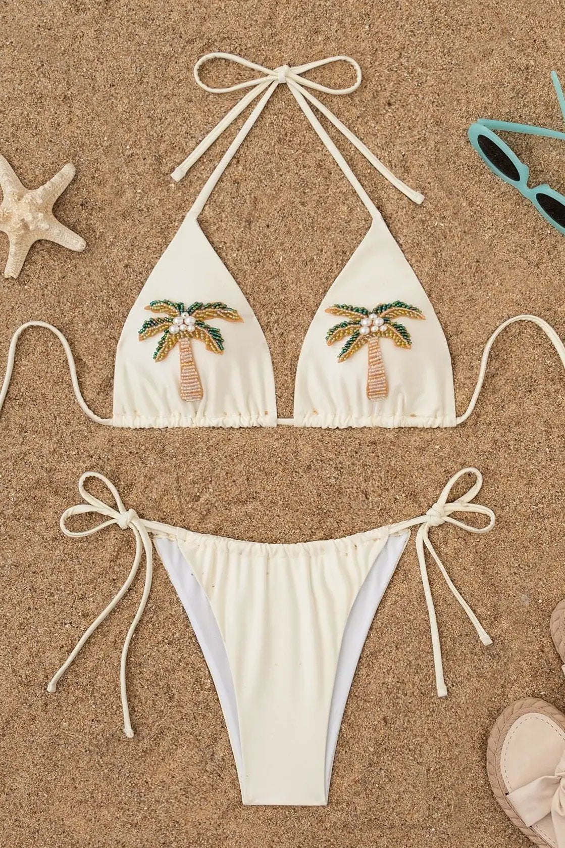 Off White Pearl Beaded Palm Trees Triangle Cheeky Sexy 2Pc Swim Set