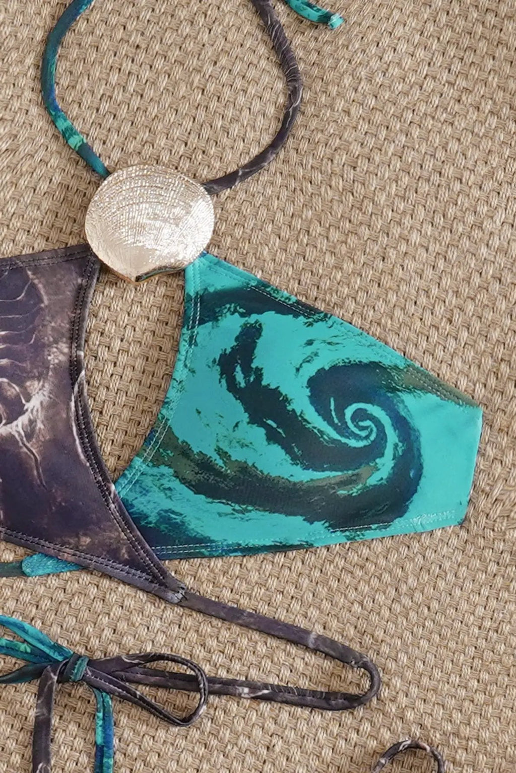 Grey Turquoise Sea Shell Print Gold Metal Decor Halter Wrap Cheeky Sexy 2Pc Bikini Swimsuit Set