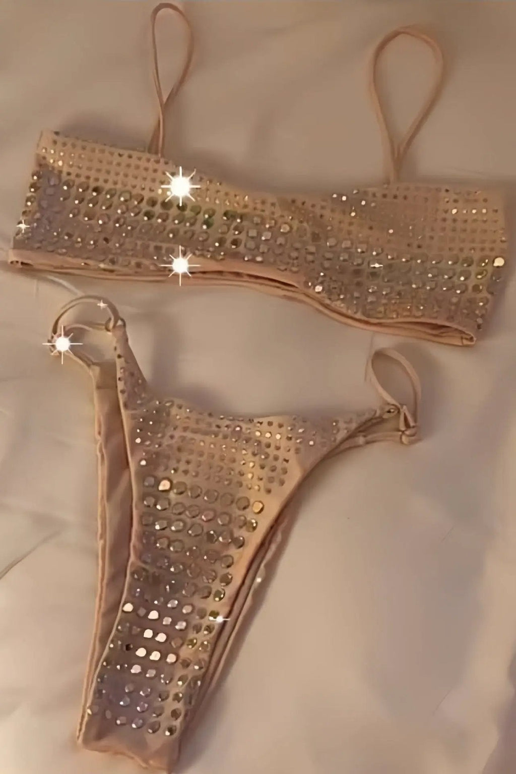 Beige Sequin Micro Cheeky Sexy 2Pc Swimsuit Set Bikini