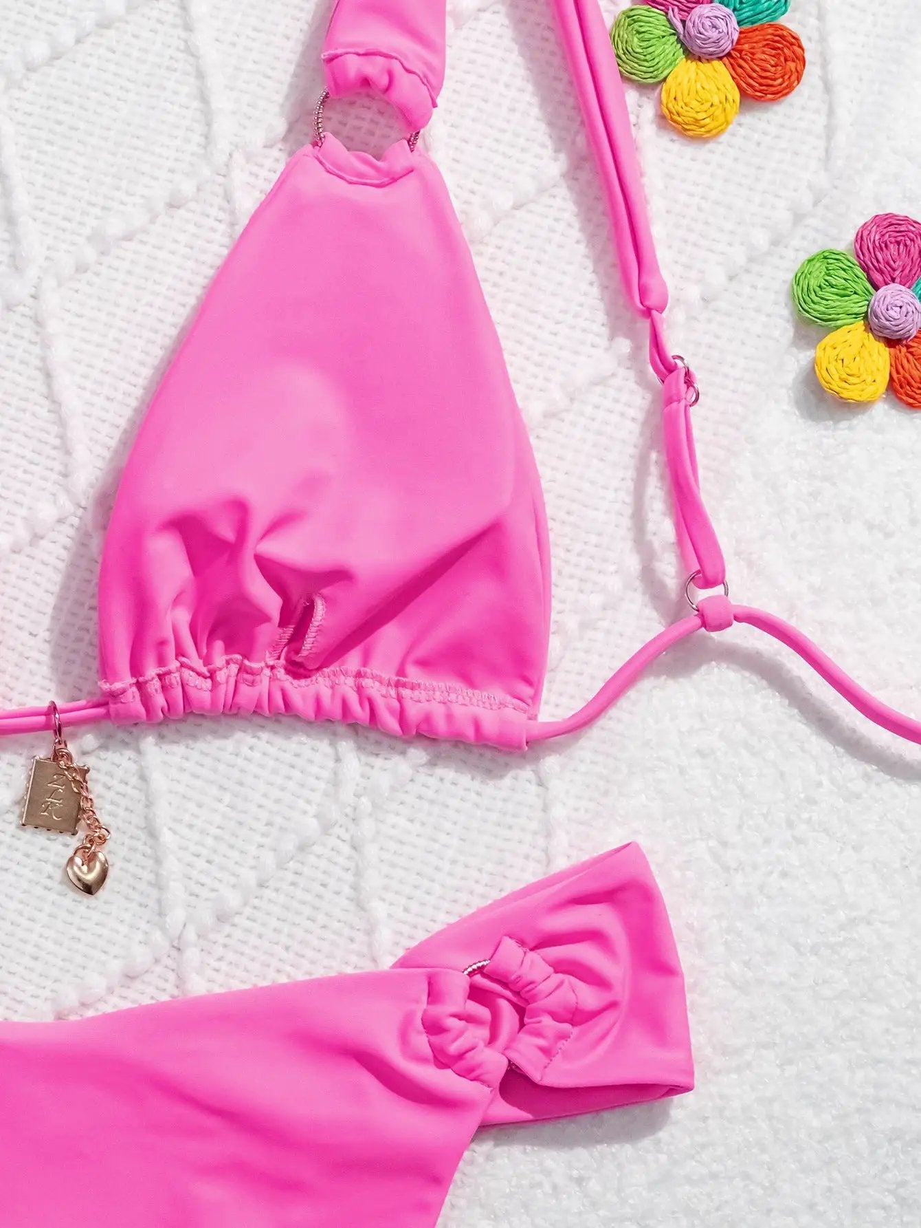 Hot Pink Gold Charm O-Ring Flattering Cut Sexy 2Pc Swimsuit Set Bikini