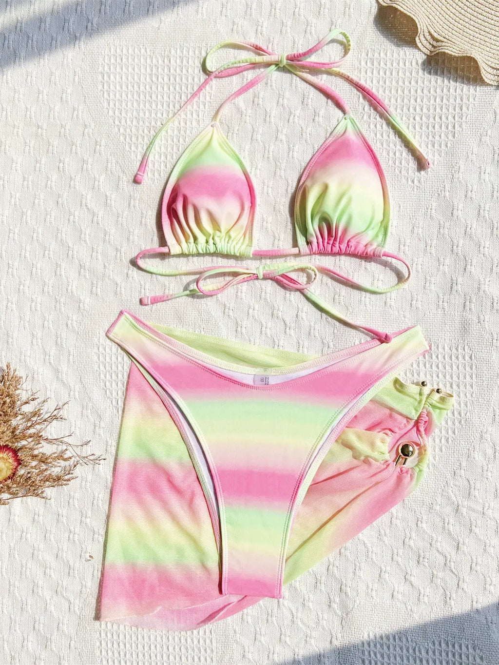 Pink Yellow Tie Dye Metal Decor Cover-Up Bikini Sexy 3Pc Swimsuit Set