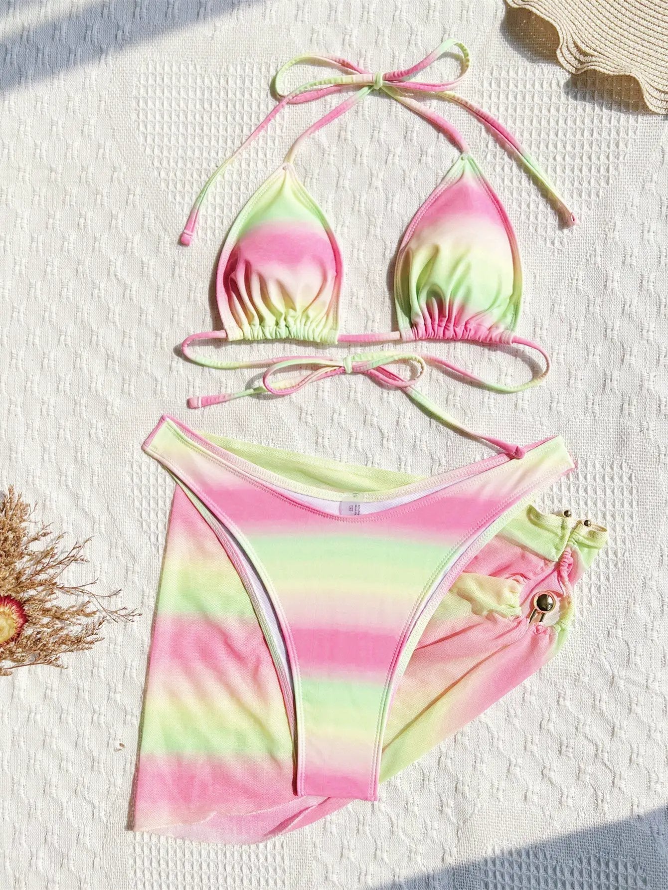 Pink Yellow Tie Dye Metal Decor Cover-Up Bikini Sexy 3Pc Swimsuit Set