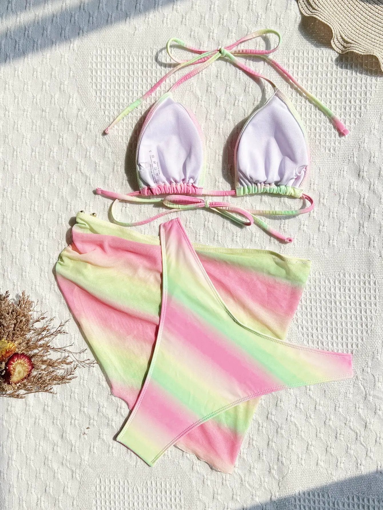 Pink Yellow Tie Dye Metal Decor Cover-Up Bikini Sexy 3Pc Swimsuit Set