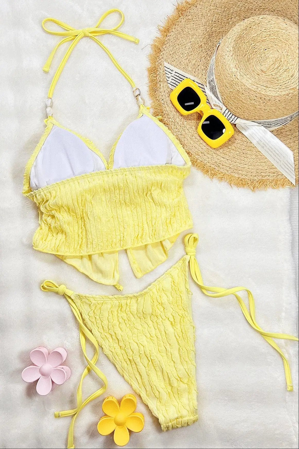Yellow Ruffle Textured Handkerchief Top Natural Stones Sexy 2Pc Swimsuit Set