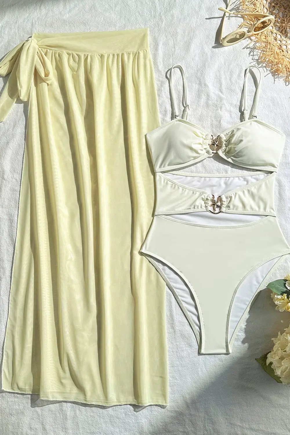 Off White Gold Starfish Cut-Out Monokini Maxi Cover-Up Sexy 2Pc Swimsuit Set