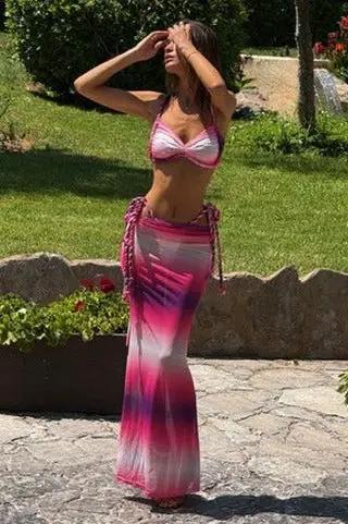 Pink Tie Dye Braided Bandeau Halter Cheeky Maxi Mesh Skirt 3Pc Swimsuit Set