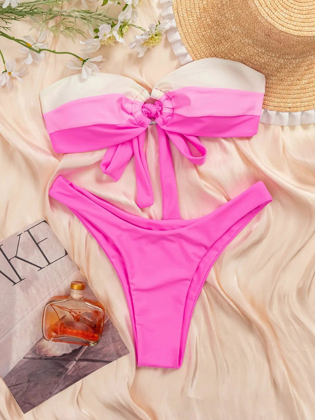 Pink White O-Ring Bandeau Sexy Cheeky 2Pc Swimsuit Set Bikini