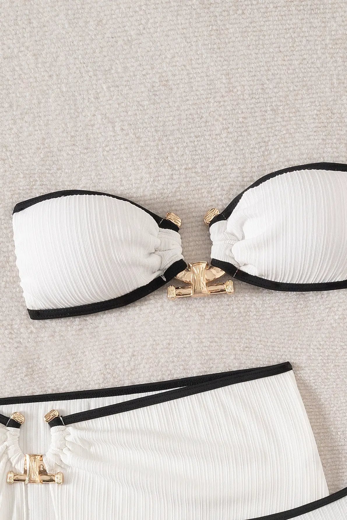 White Bandeau Black Piping Gold Decor Cover-Up Sexy 3Pc Swimsuit Set