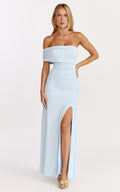Opal Maxi Dress - Off Shoulder Gathered Bodice Fit And Flare Dress in Blue