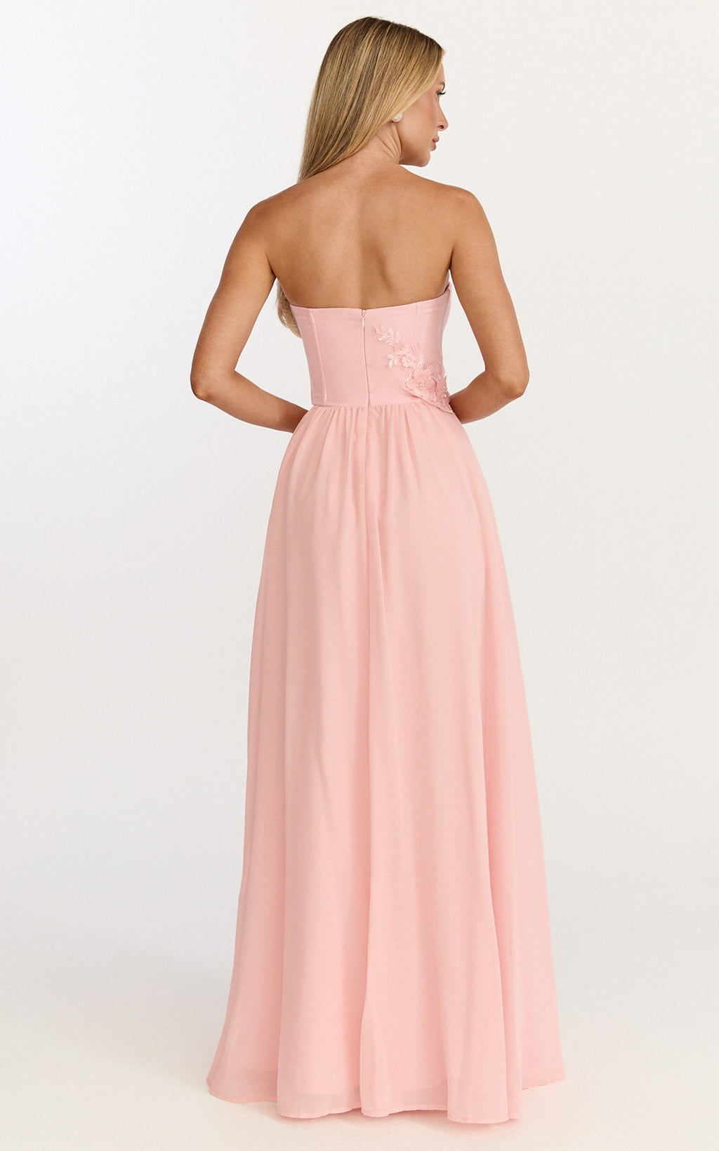 Penny Maxi Dress - Strapless Corset Bodice Floral Embellished Dress in Soft Pink