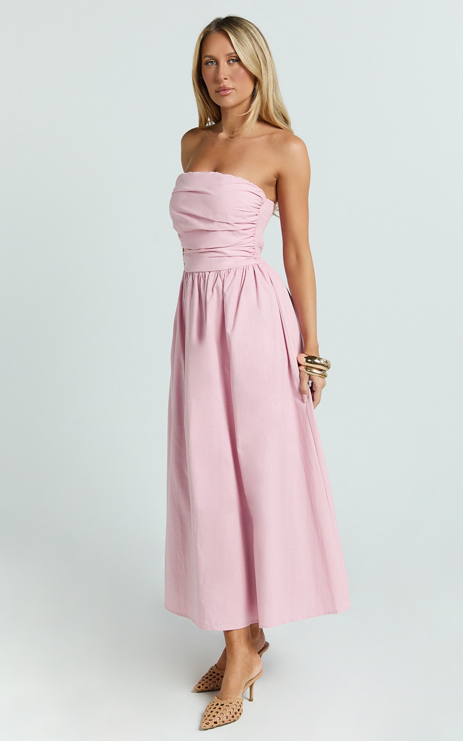 Polly Midi Dress - Strapless Ruched Dress in Pink