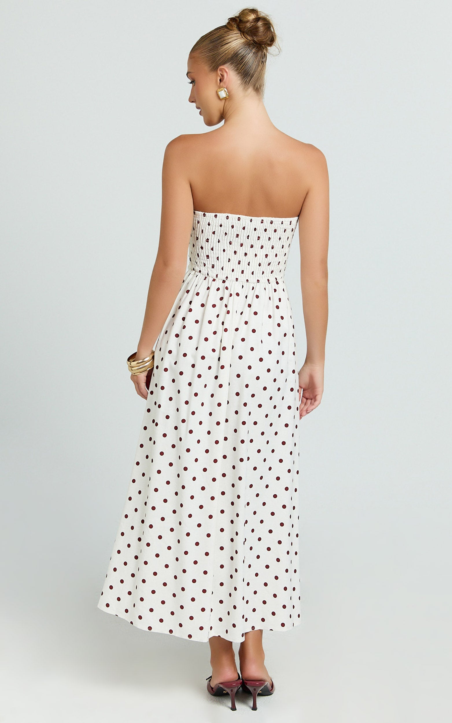 Polly Midi Dress - Strapless Ruched Dress in Red Polka Dot
