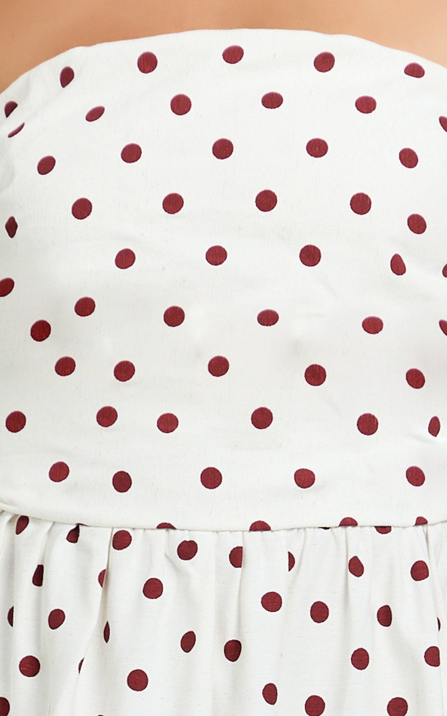 Polly Midi Dress - Strapless Ruched Dress in Red Polka Dot