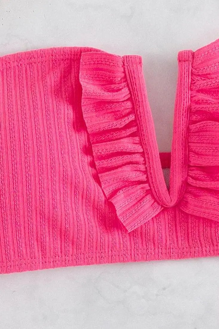 Neon Pink Ribbed Ruffle V-Wire Strapless High Waist Cheeky 2Pc Swimsuit Set Bikini