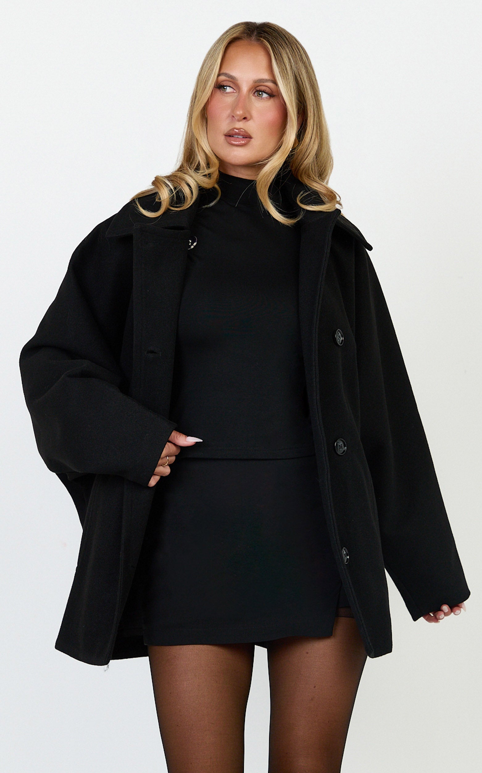 Rina Coat - Oversized Three Button Front Closure Coat in Black