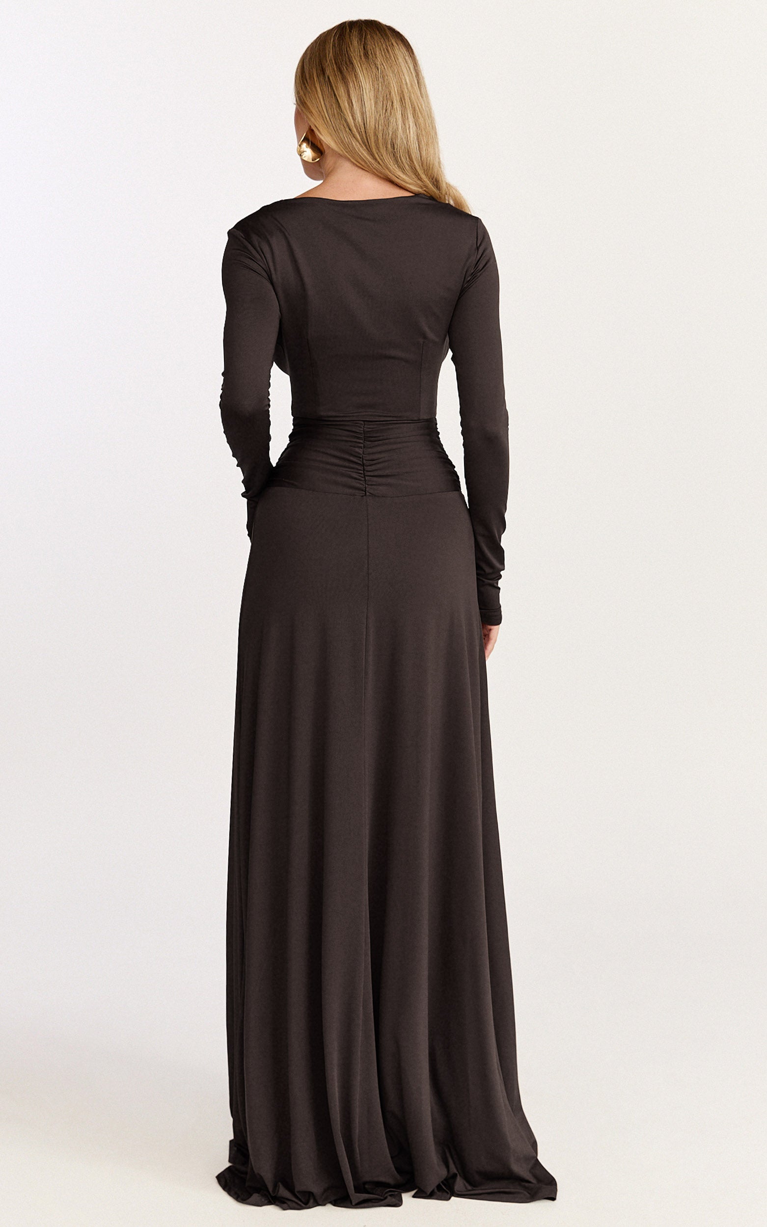 Sahara Maxi Dress - Long Sleeve Cut Out Gold Trim Dress in Chocolate