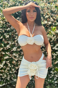 White Rosette Halter Cheeky Drawstring Skirt Cover-Up 3Pc Swimsuit Set