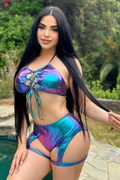 Purple Blue Metallic Holographic Lace-Up Top Garter High Waist 2Pc Swimsuit Set