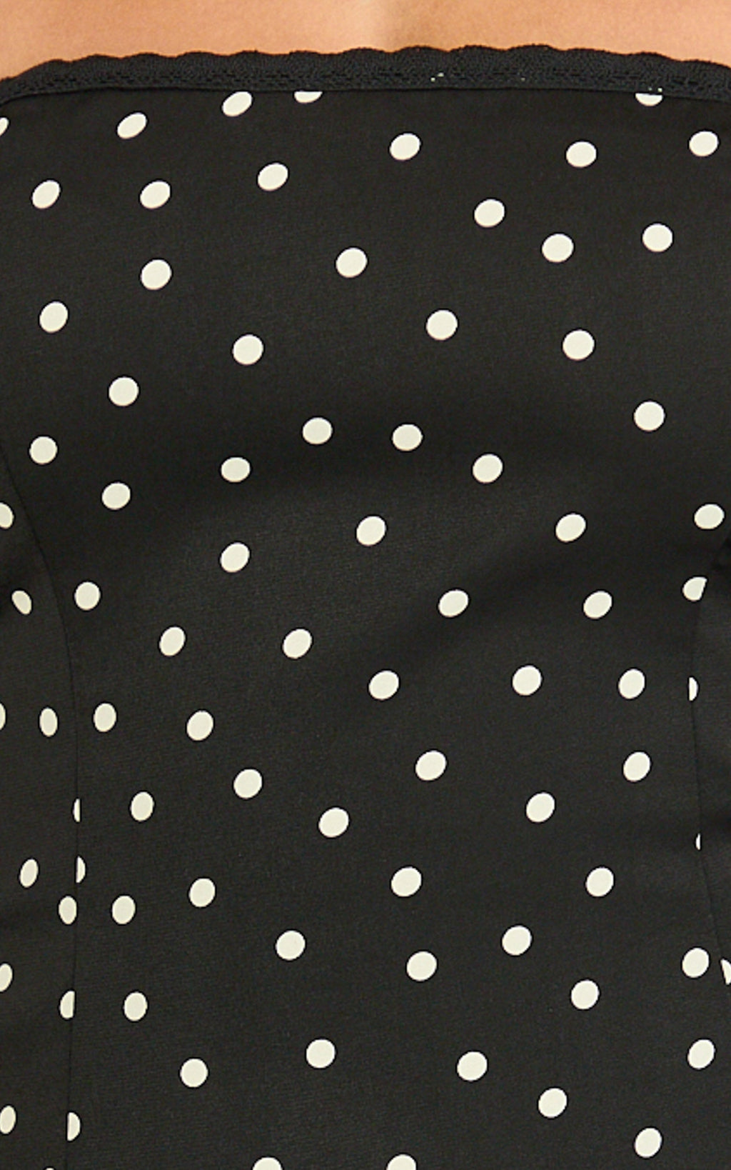 Seraphina Midi Dress - Polka Dot Strapless Lace Neck Gathered Mermaid Skirt Dress in Black Polka Dot