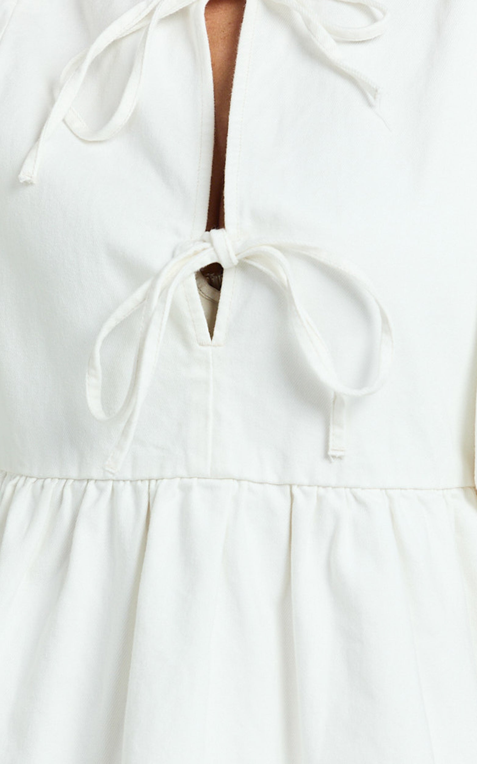 Shailene Mini Dress - Tie Front Puff Sleeve Recycled Denim Dress in Ecru