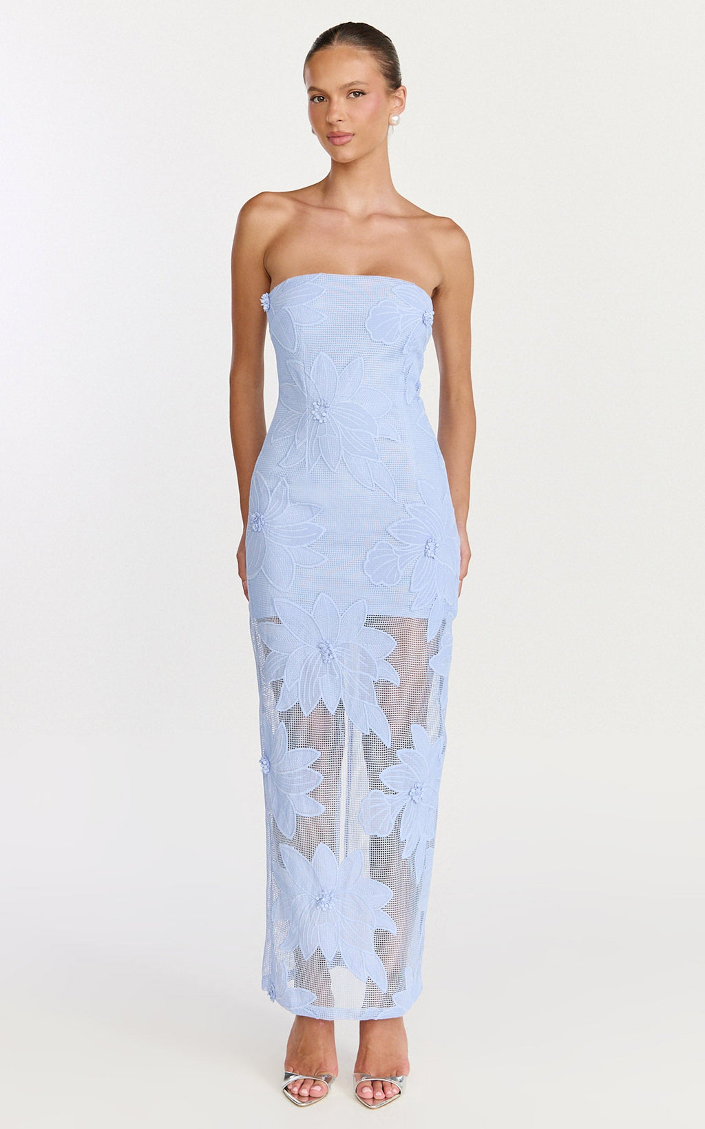 Sienna Midi Dress - Strapless Floral Embroidered Bodycon Dress in Blue