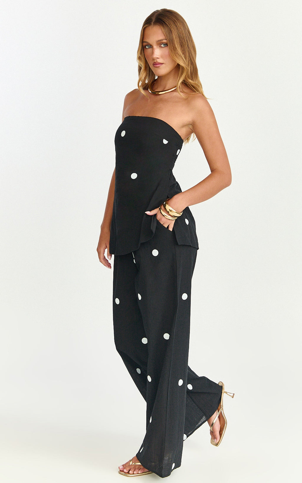 Skye Two Piece Set - Strapless Longline Top and Pant Set in Black Polka Dot