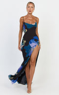 Solara Maxi Dress - Cowl Neck Backless Dress in Midnight Resort Orchid Print