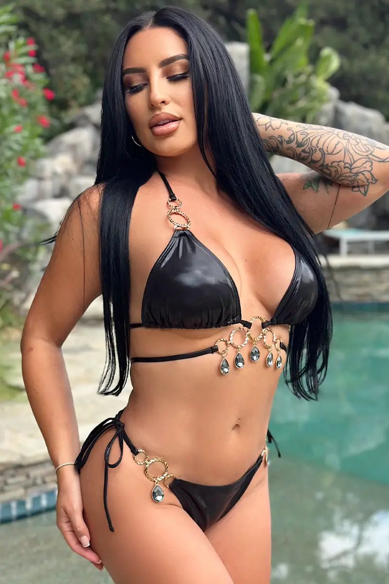 Black Metallic Strappy Dangling Rhinestone Ruched Back Sexy 2Pc Swimsuit Bikini