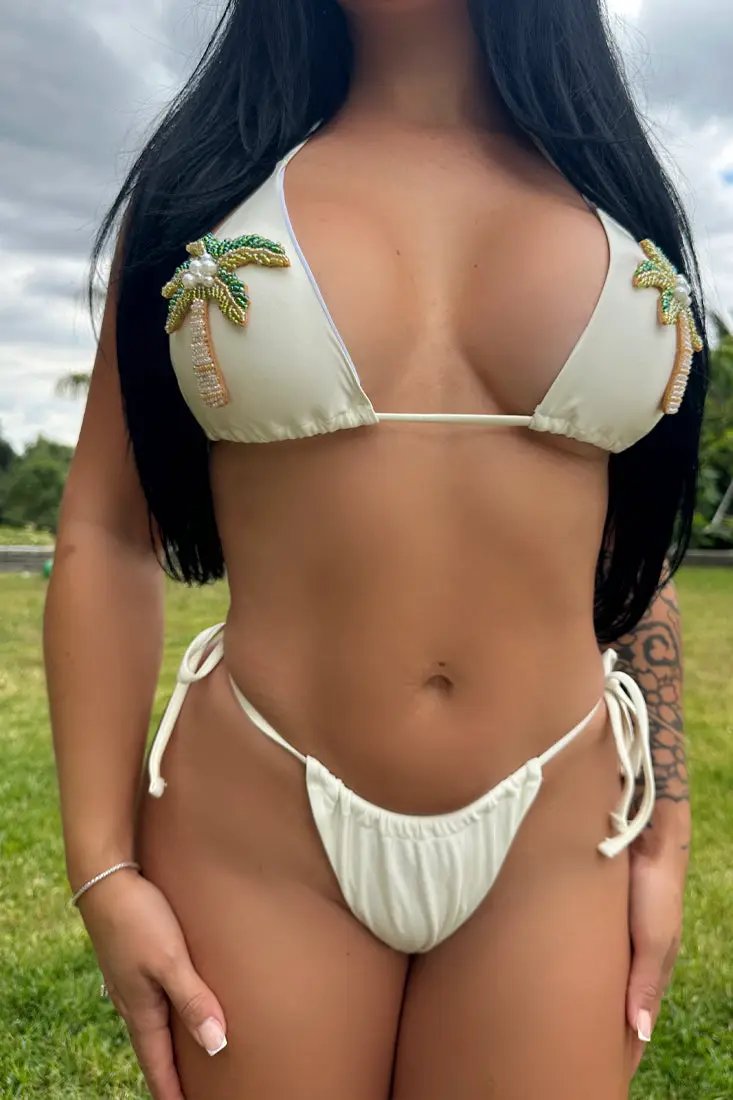 Off White Pearl Beaded Palm Trees Triangle Cheeky Sexy 2Pc Swim Set