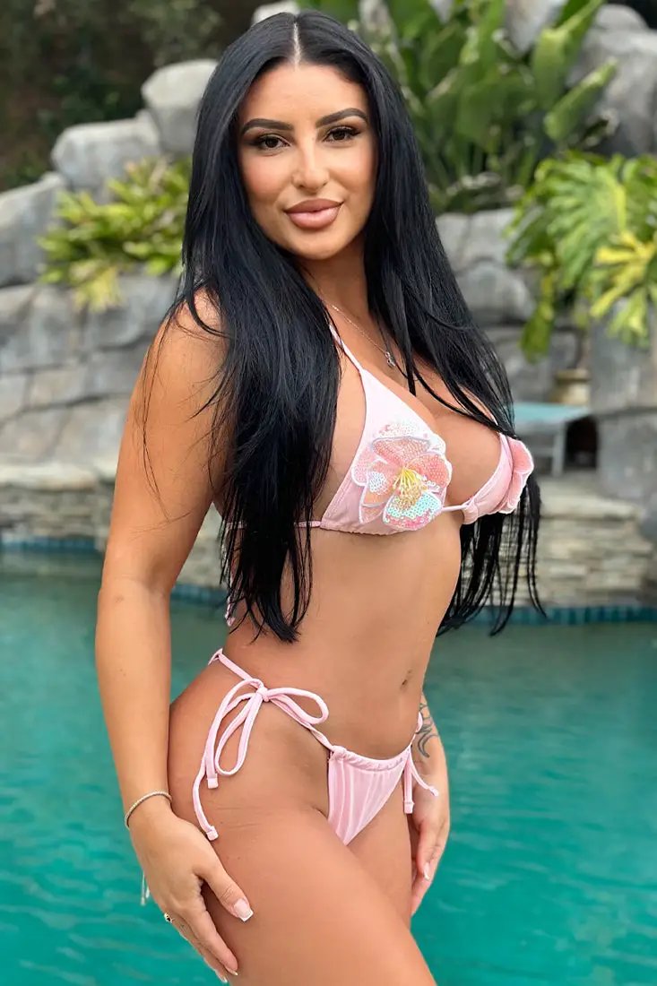 Light Pink Sequin 3D Hibiscus Flower Thong Draw-string Sexy 2Pc Swimsuit Set Bikini