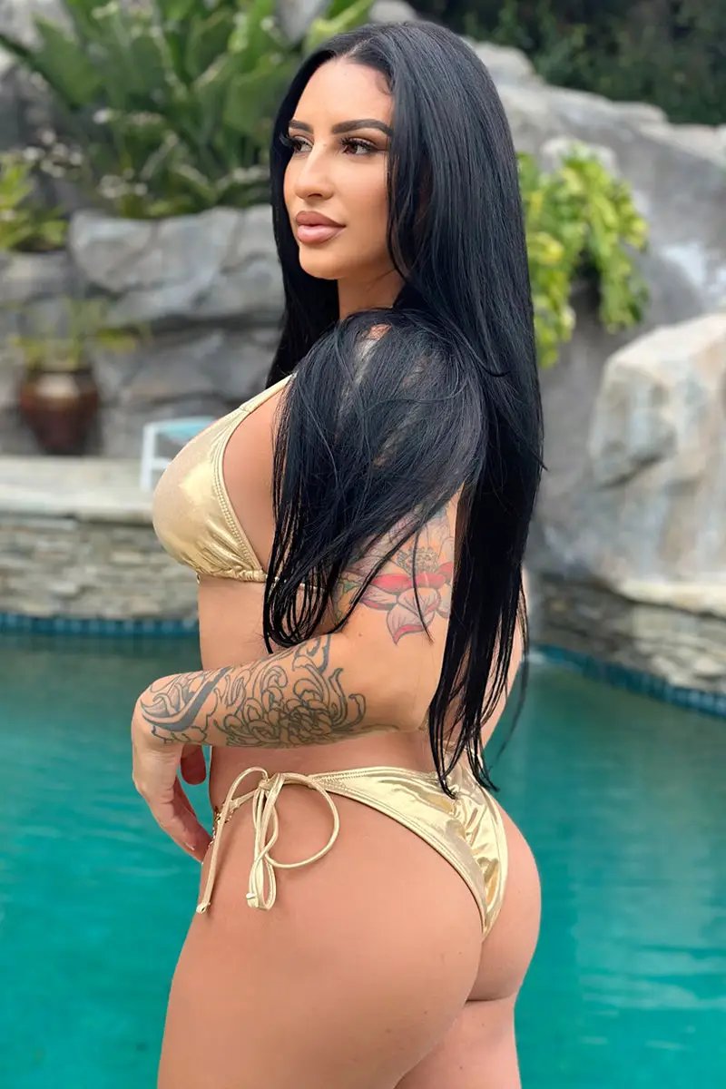Gold Metallic O-Ring Rhinestone Ruched Back Sexy 2Pc Swimsuit Bikini