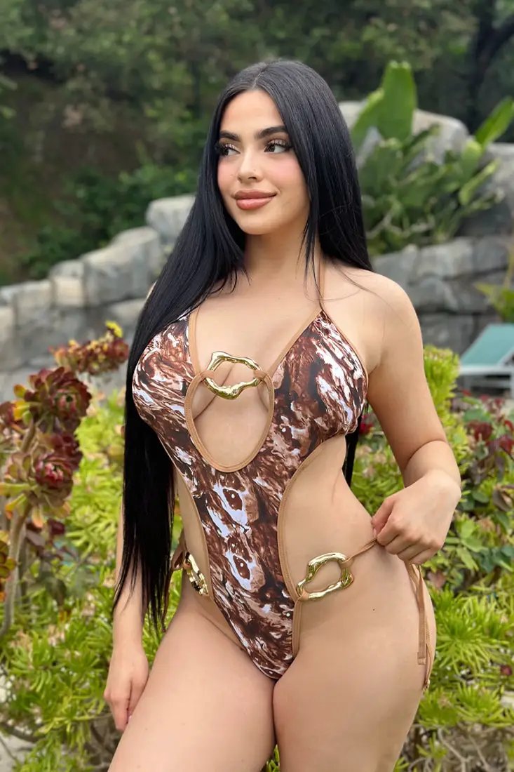 Brown Animal Print Gold Abstract Ring Cheeky Sexy 1Pc Swimsuit Monokini