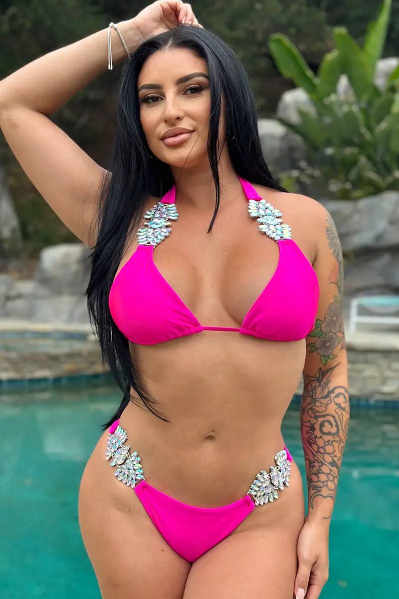 Pink Silky Big Rhinestone Decor Ruched Back Sexy 2Pc Swimsuit Set Bikini