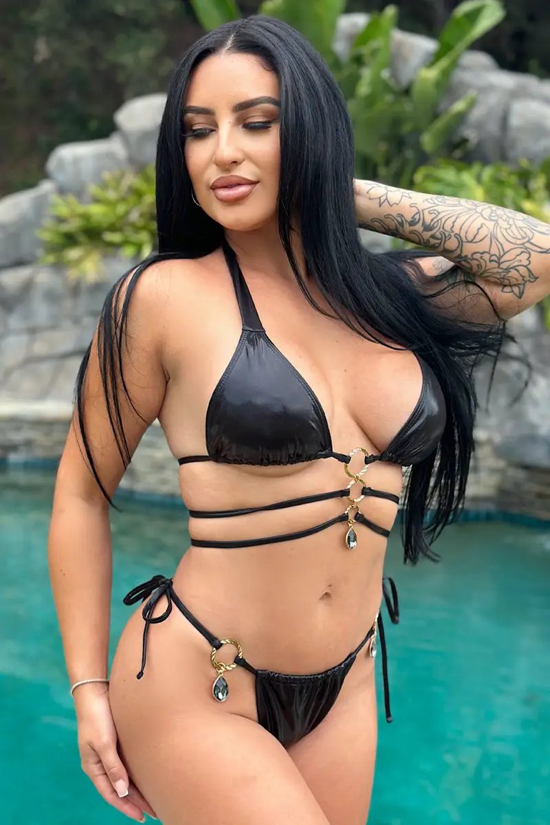 Black Metallic 3 Straps Dangling Rhinestone Gem Sexy 2Pc Swimsuit Bikini