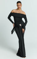 Trish Maxi Dress - Off Shoulder Hardware Trim Bodycon Dress in Black