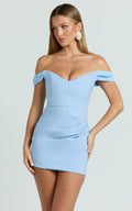 Veronika Mini Dress - Off Shoulder Plunge Fit And Flare Dress in Blue