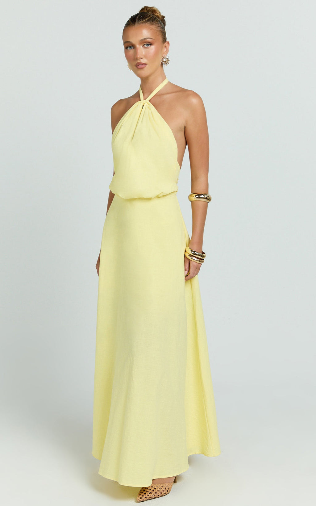 Violetta Maxi Dress - Backless Linen Look Hater Neck Dress in Lemon