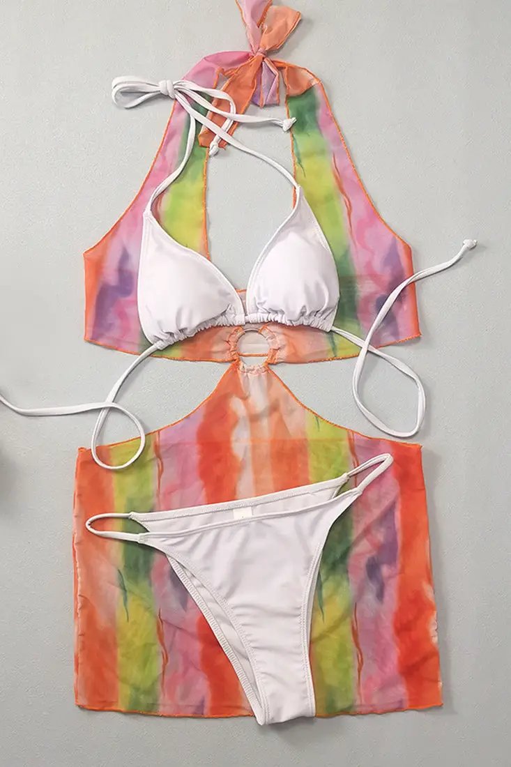 Orange Tie-Dye Cover-Up Dress White Bikini 3Pc Swimsuit Set