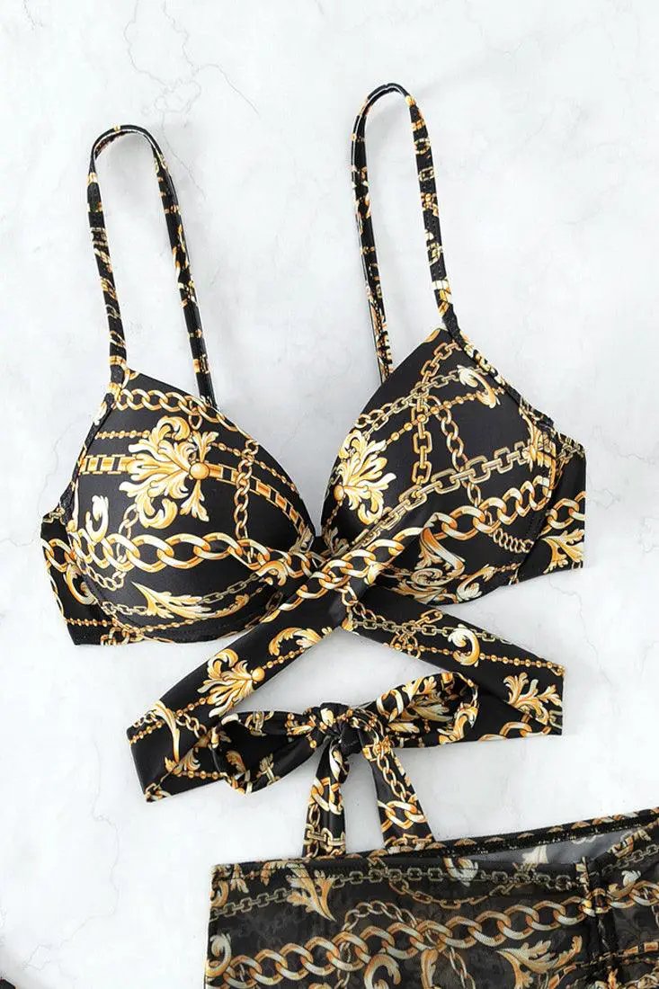 Black Gold Designer Print Push-Up Cheeky Mesh Cover-Up 3Pc Swimsuit