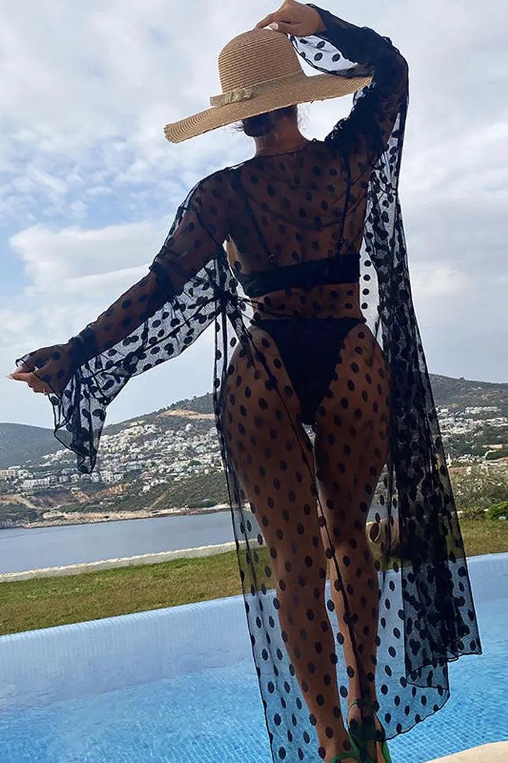 Black Halter Ring High Cut Dot Mesh Cover Up Three Piece Swimsuit Set