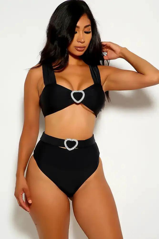 Black Heart Rhinestone Two Piece Swimsuit