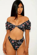 Black Rose Print Two Piece Swimsuit